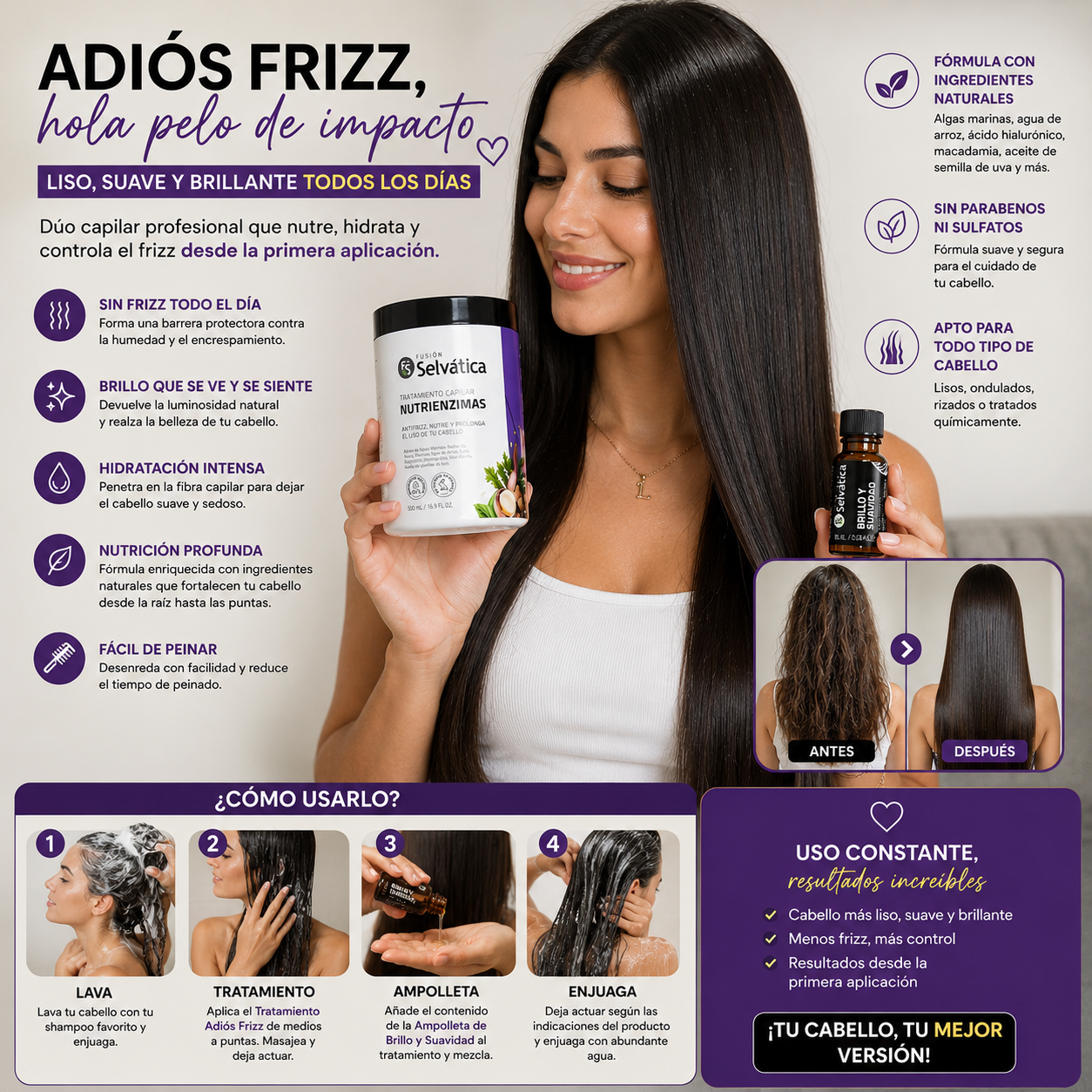 ⭐ Adiós Frizz Pro | Cabello Liso, Suave y Brillante 500 ML