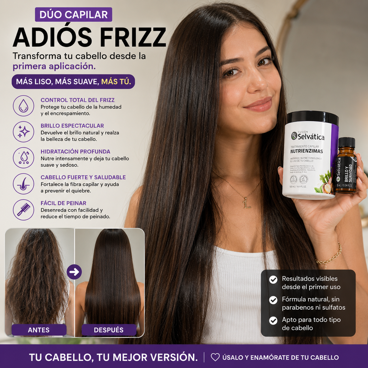 ⭐ Adiós Frizz Pro | Cabello Liso, Suave y Brillante 500 ML